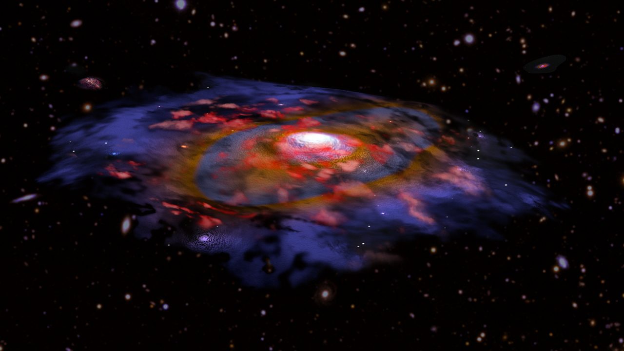 Representación artística de una galaxia giratoria distante con mucho polvo