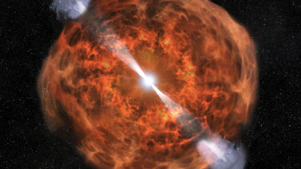 Ilustración artística de la explosión que resulta del choque de dos estrellas de neutrones.