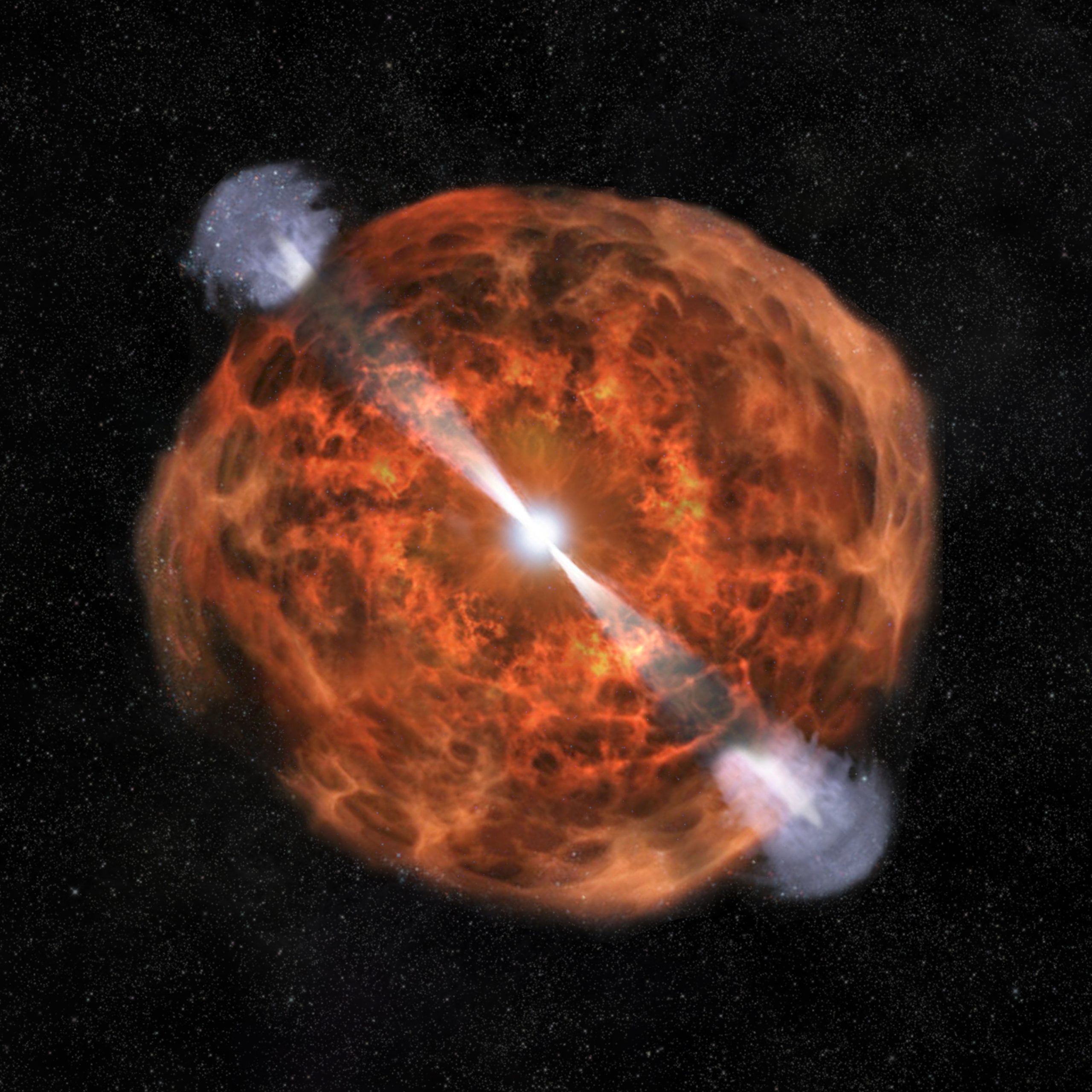 Ilustración artística de la explosión que resulta del choque de dos estrellas de neutrones.