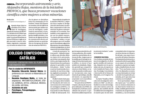 Mentora Alejandra Rojas es destacada en Mercurio de Antofagasta